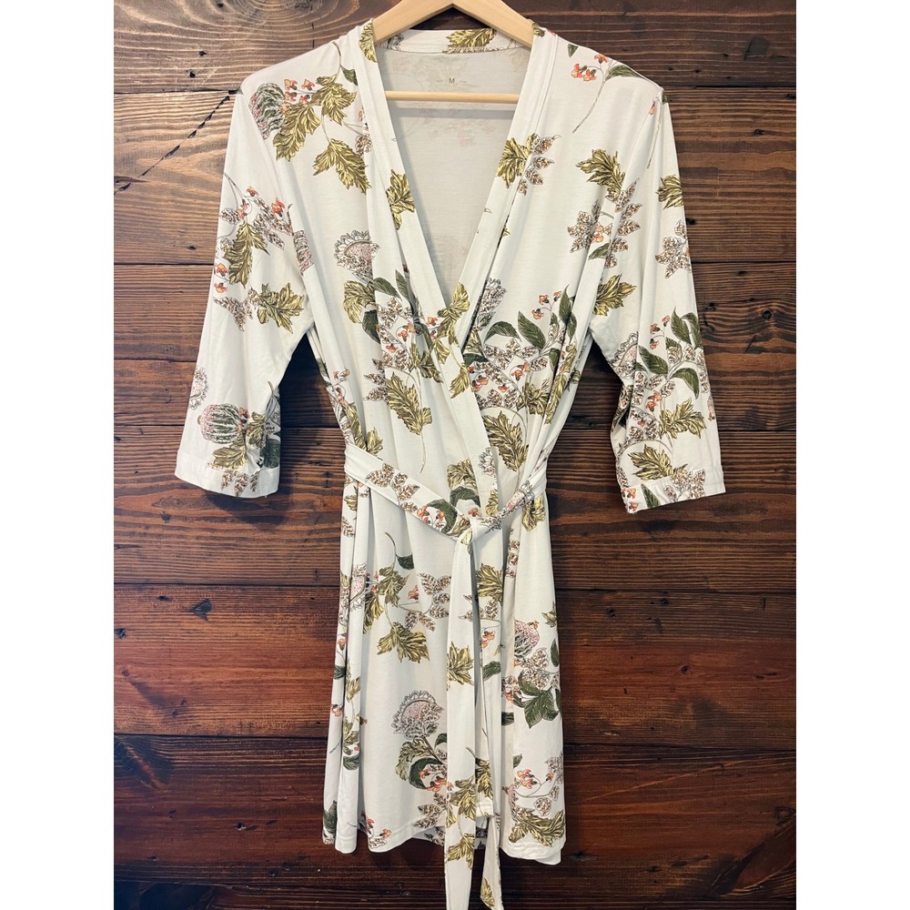 Floral Wrap Kimono Robe Women M Bamboo Viscose White Green Loungewear Jersey